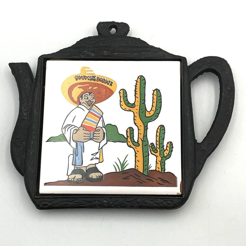 Vintage 1970s Cast Iron‎ Teapot Trivet Mexican Cactus Tile South of the Border